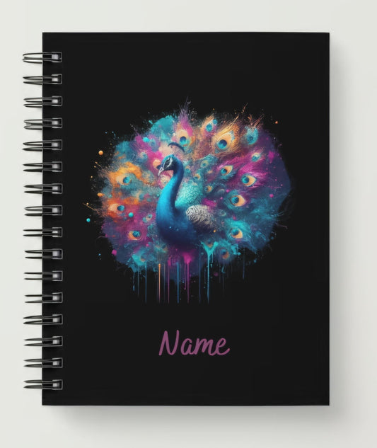 Personalised A5 paint splash peacock spiral notebook