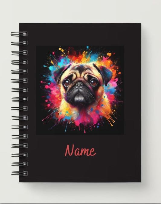 Personalized A5 Pug paint splash spiral notebook