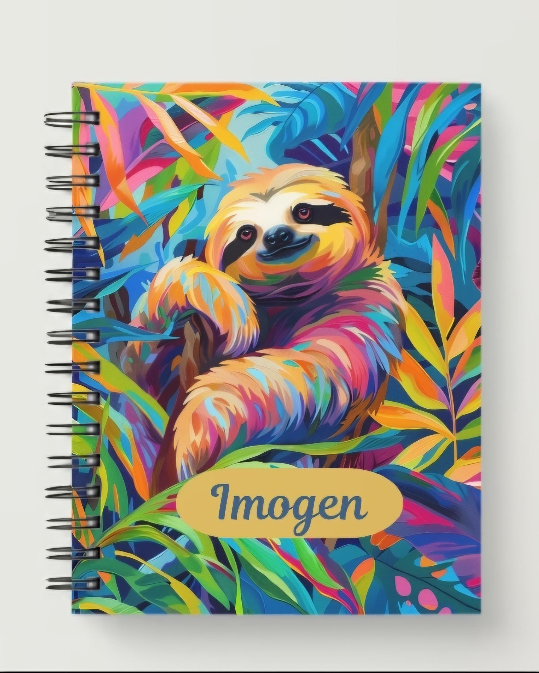 Personalized A5 bright jungle sloth spiral notebook