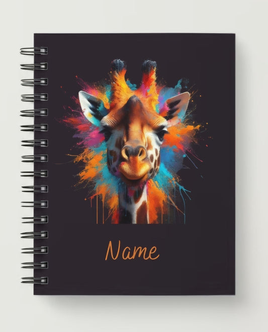 Personalised A5 paint splash giraffe spiral notebook