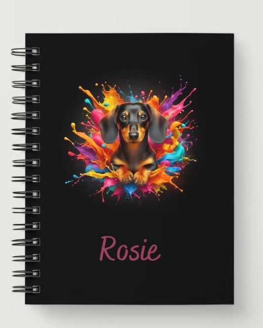 Personalized A5 Miniature Dachshund paint splash spiral notebook