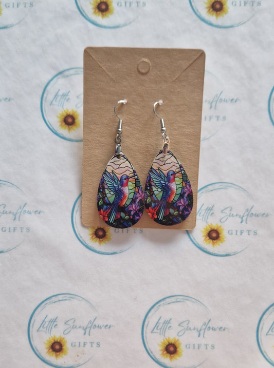 Teardrop stainglass humming bird earrings